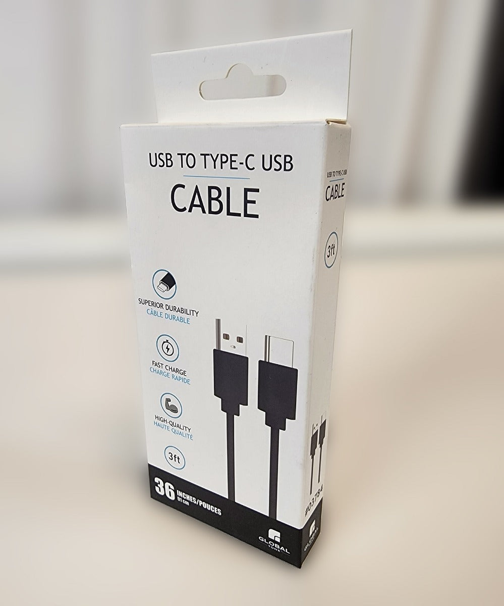 Globaltone Câble USB A vers USB-C, charge et données, 3 A, 3 pi, noir