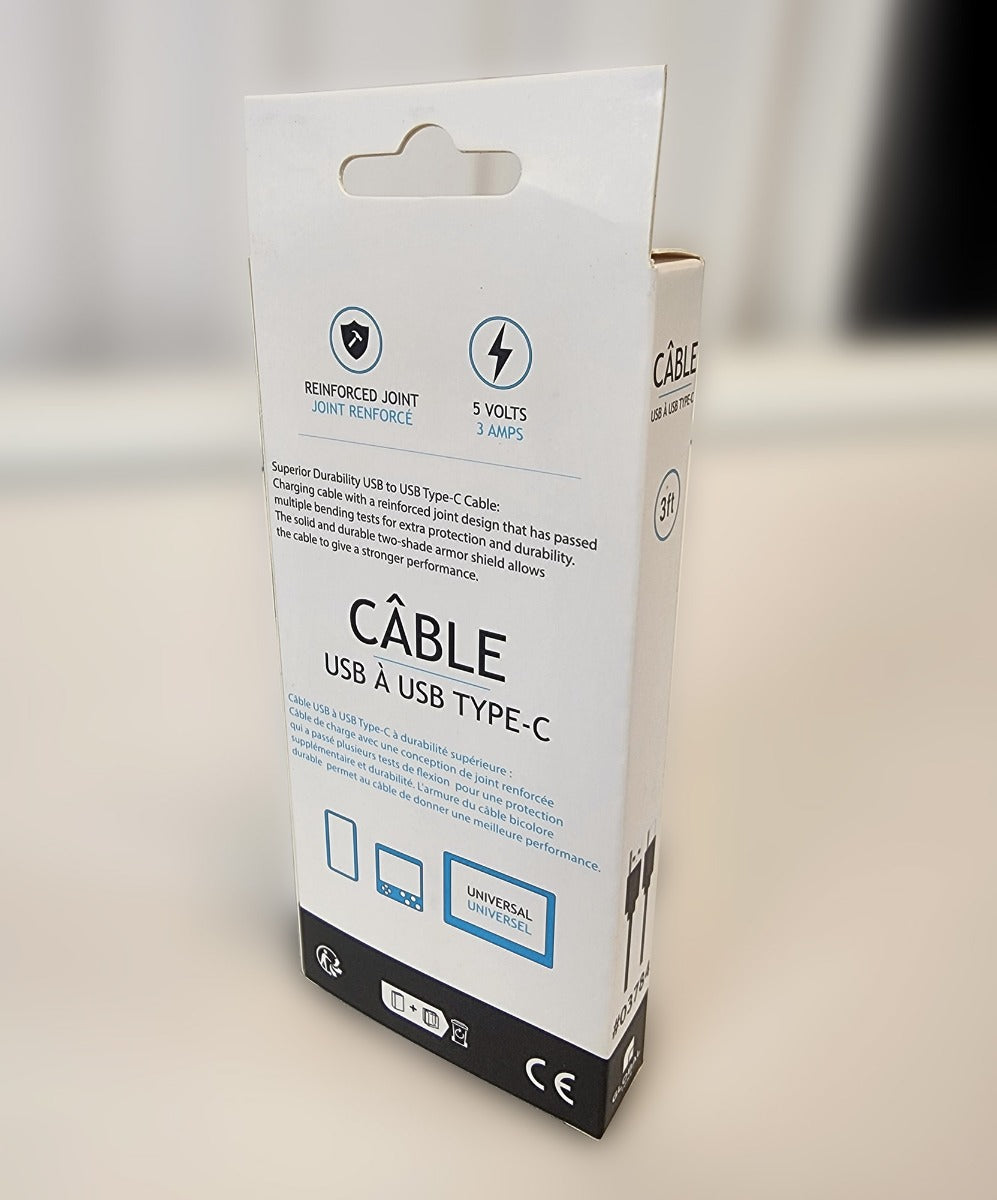 Globaltone Câble USB A vers USB-C, charge et données, 3 A, 3 pi, noir