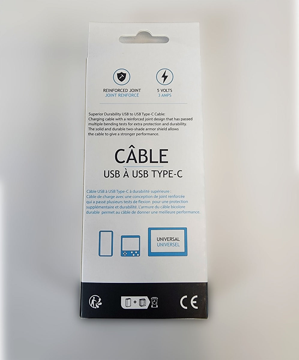 Globaltone Câble USB A vers USB-C, charge et données, 3 A, 3 pi, noir
