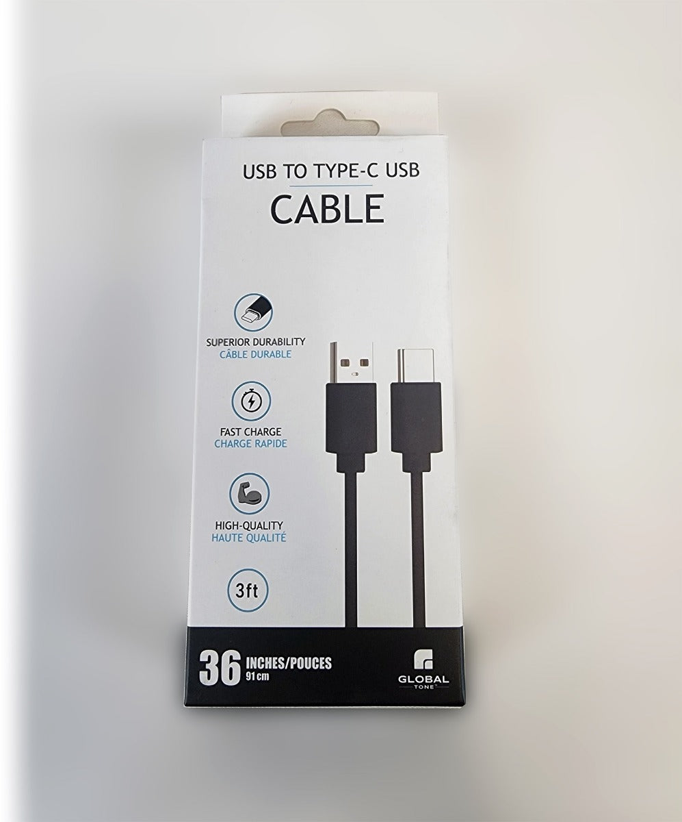 Globaltone Câble USB A vers USB-C, charge et données, 3 A, 3 pi, noir
