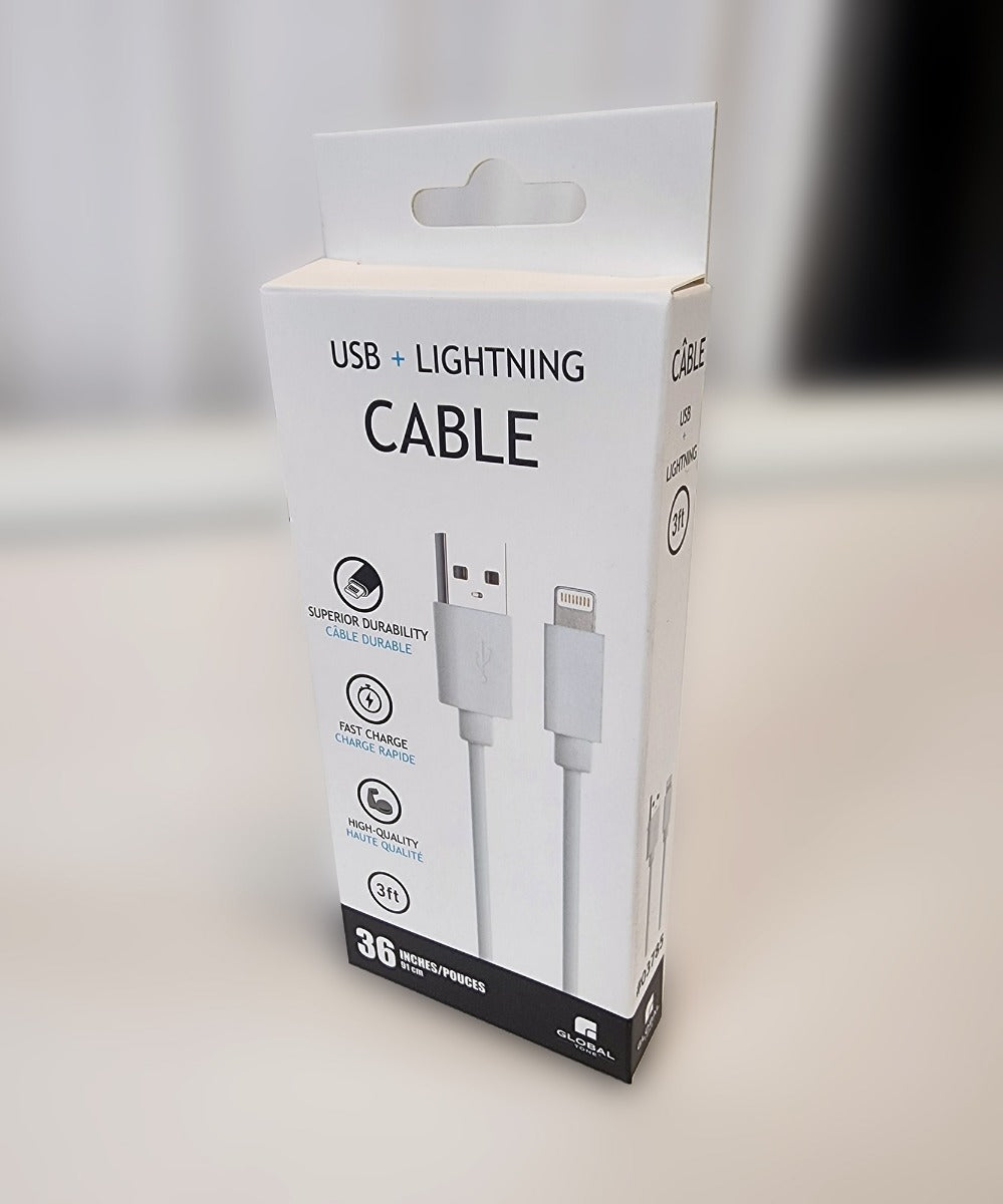 Globaltone Câble USB A vers Lightning, charge et données, 2,4 A, 3 pi, blanc