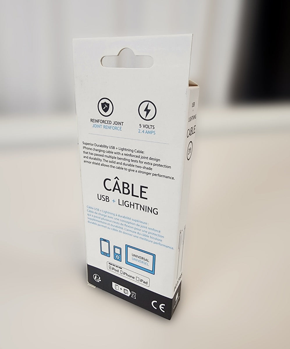Globaltone Câble USB A vers Lightning, charge et données, 2,4 A, 3 pi, blanc
