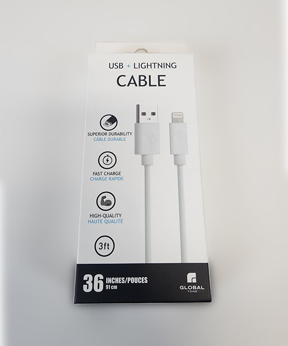Globaltone Câble USB A vers Lightning, charge et données, 2,4 A, 3 pi, blanc