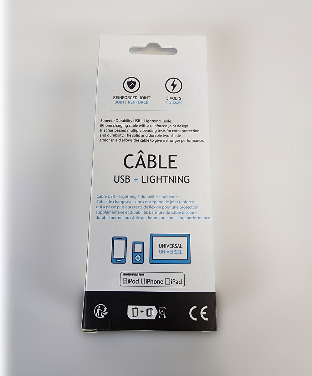 Globaltone Câble USB A vers Lightning, charge et données, 2,4 A, 3 pi, blanc