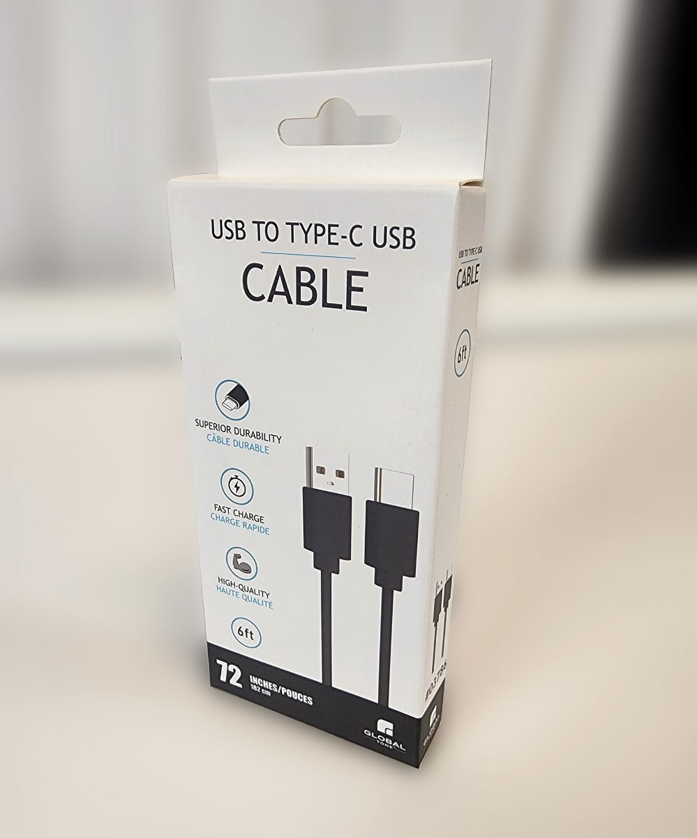 Globaltone Câble USB A vers USB-C, charge et données, 2,4 A, 6 pi, noir