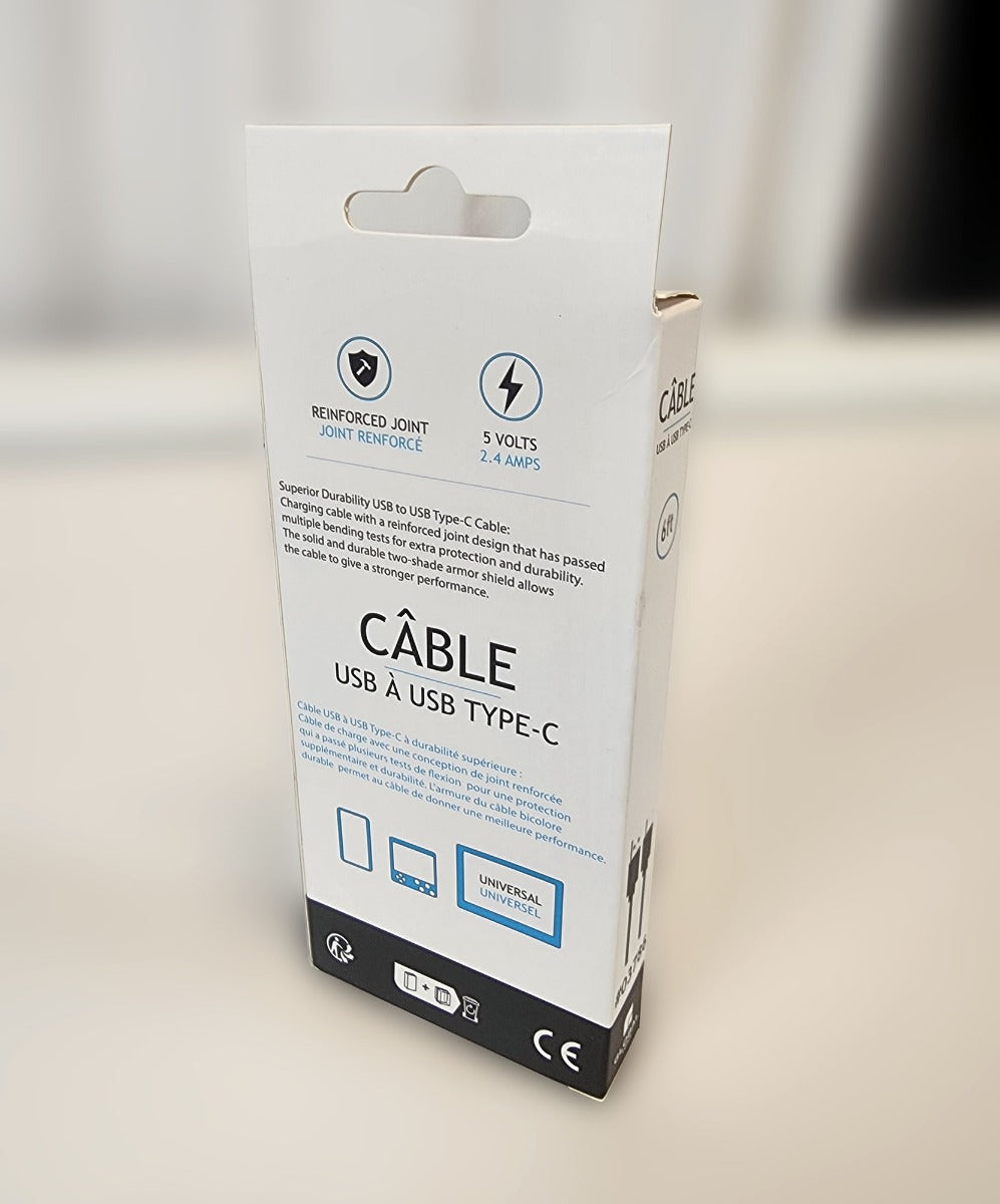 Globaltone Câble USB A vers USB-C, charge et données, 2,4 A, 6 pi, noir