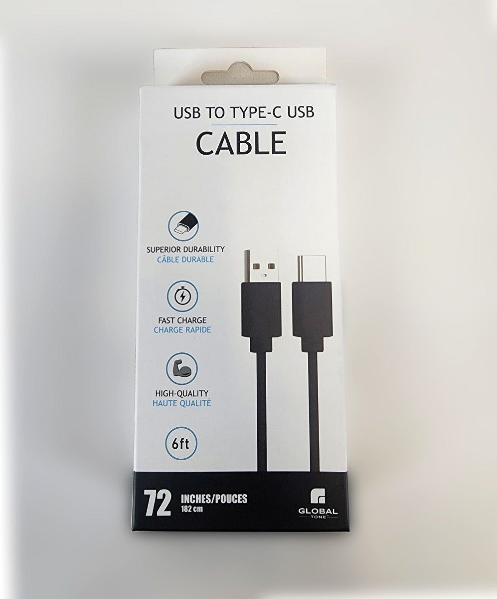 Globaltone Câble USB A vers USB-C, charge et données, 2,4 A, 6 pi, noir