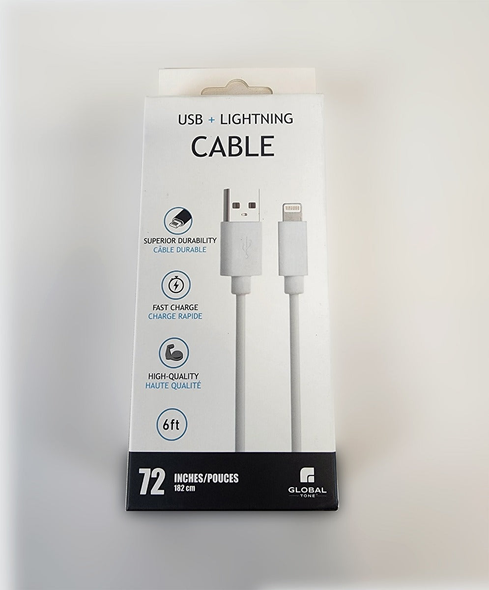 Globaltone Câble USB A vers Lightning, charge et données, 2,1 A, 6 pi, blanc
