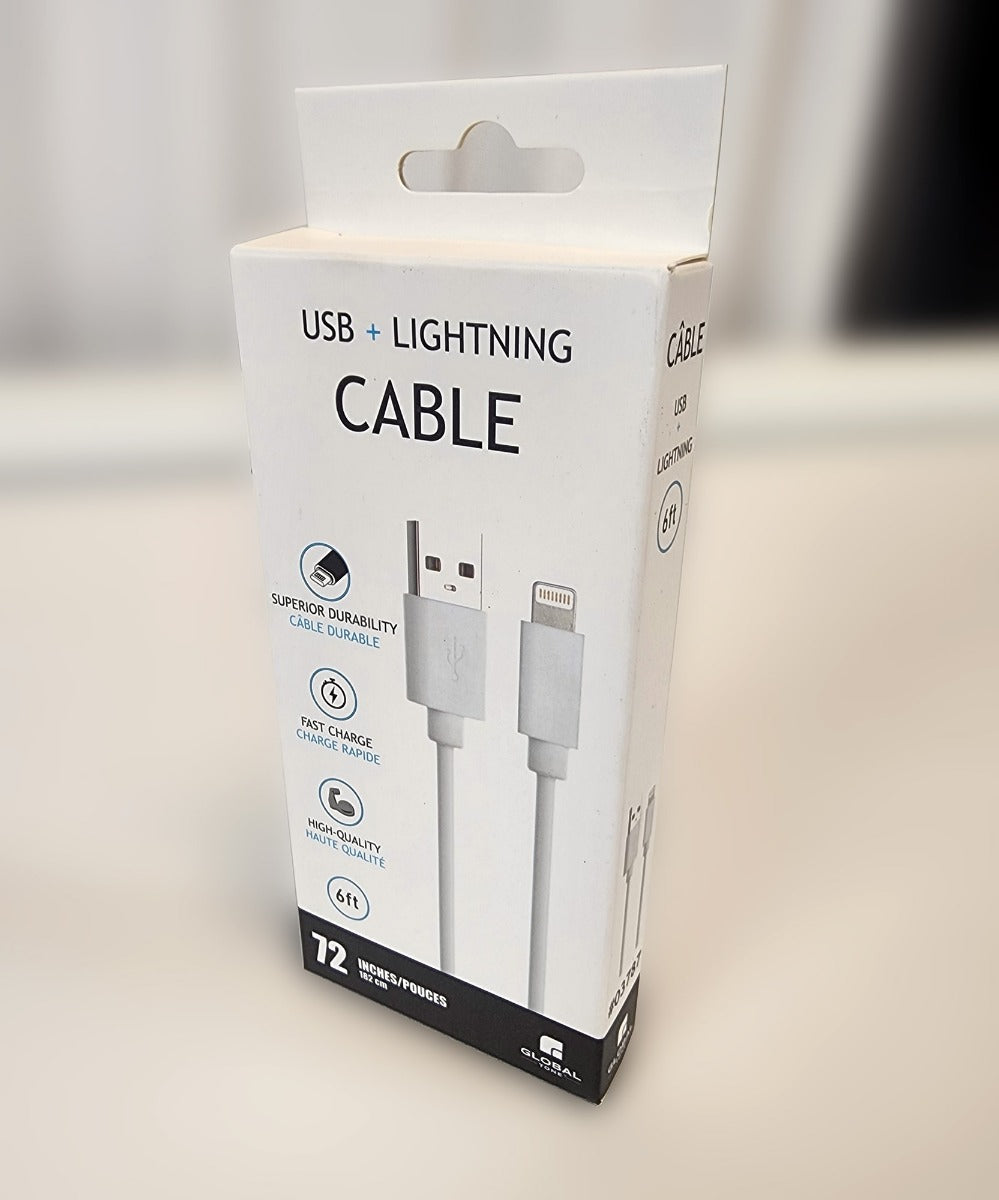 Globaltone Câble USB A vers Lightning, charge et données, 2,1 A, 6 pi, blanc