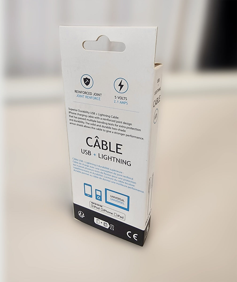 Globaltone Câble USB A vers Lightning, charge et données, 2,1 A, 6 pi, blanc