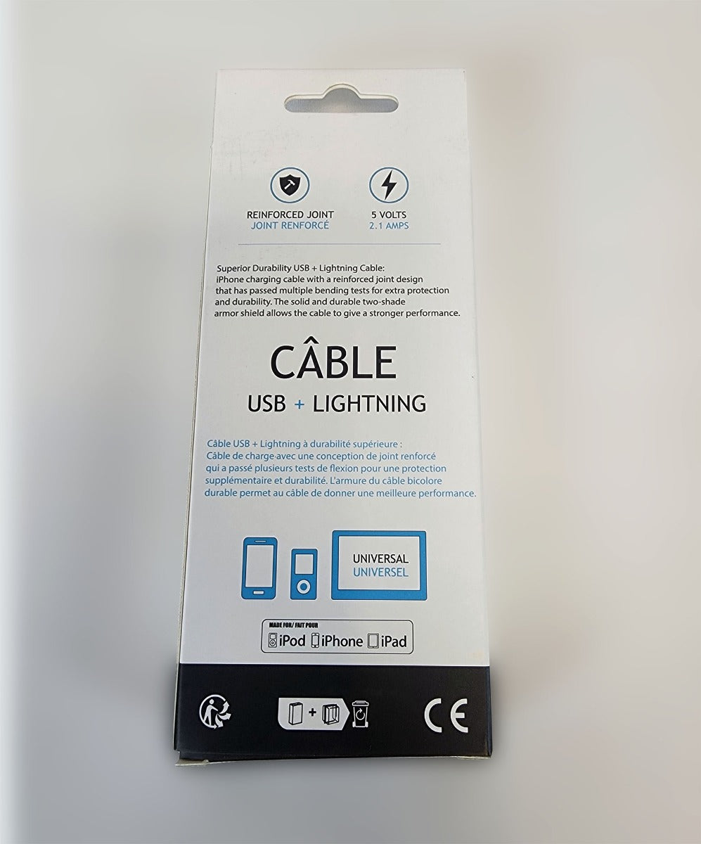 Globaltone Câble USB A vers Lightning, charge et données, 2,1 A, 6 pi, blanc