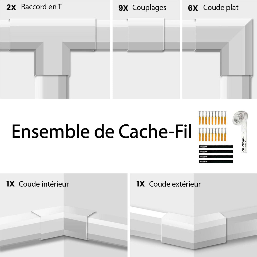 Globaltone Ensemble cache-fil mural à peindre, 150 po, blanc mat, avec raccords