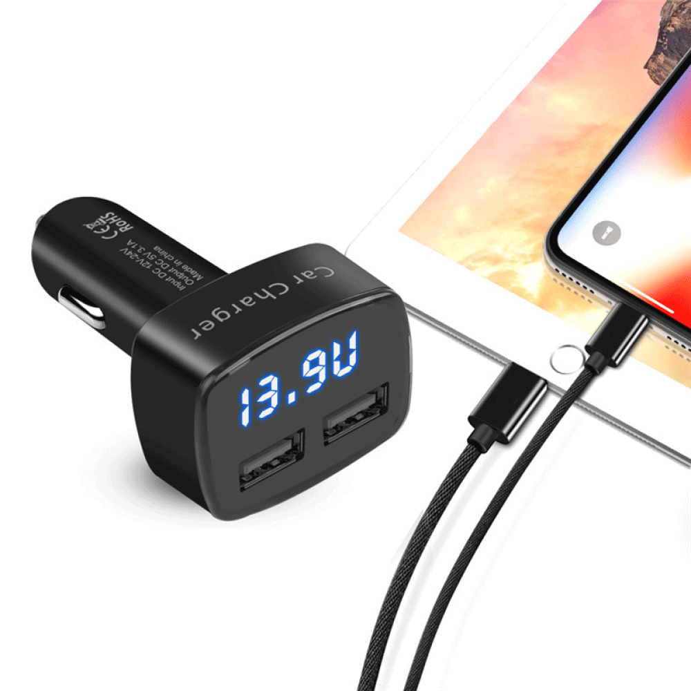 Globaltone Chargeur de voiture 2 ports USB, 3,1 A, avec voltmètre DEL, 12-24 V, noir