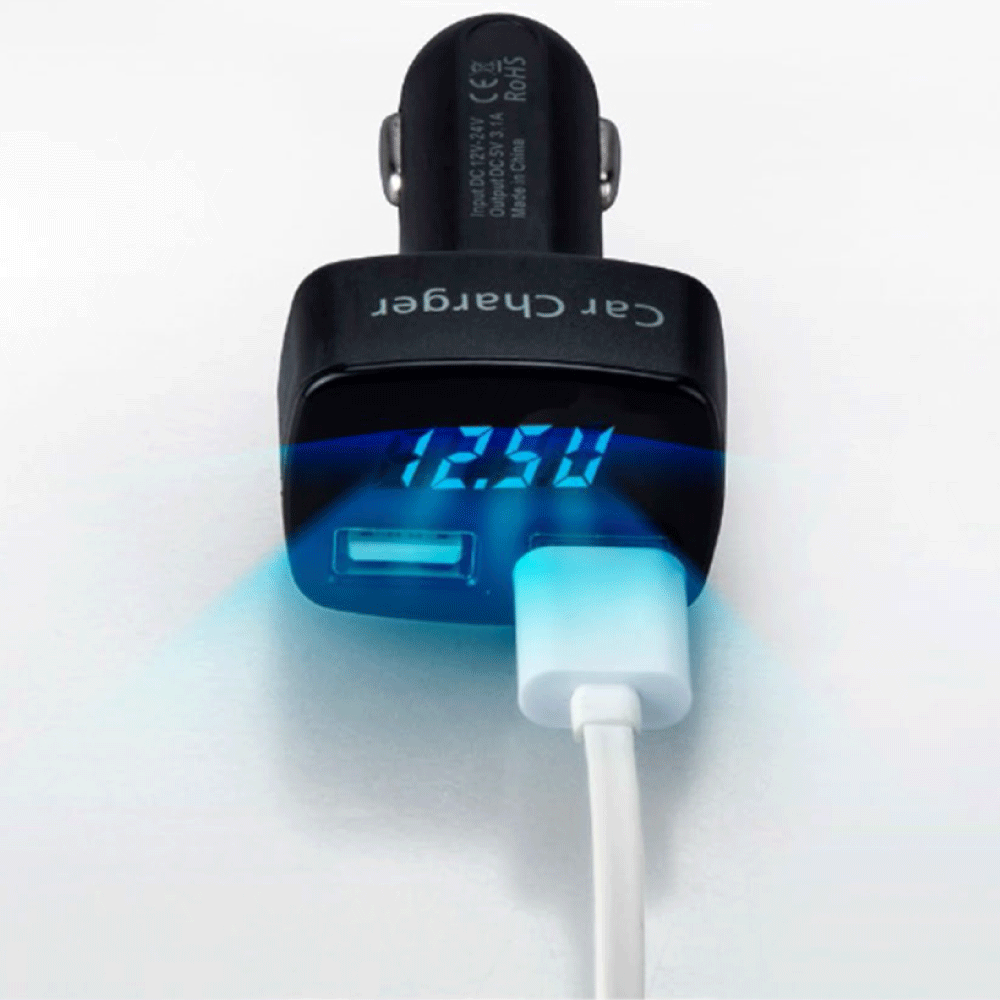 Globaltone Chargeur de voiture 2 ports USB, 3,1 A, avec voltmètre DEL, 12-24 V, noir
