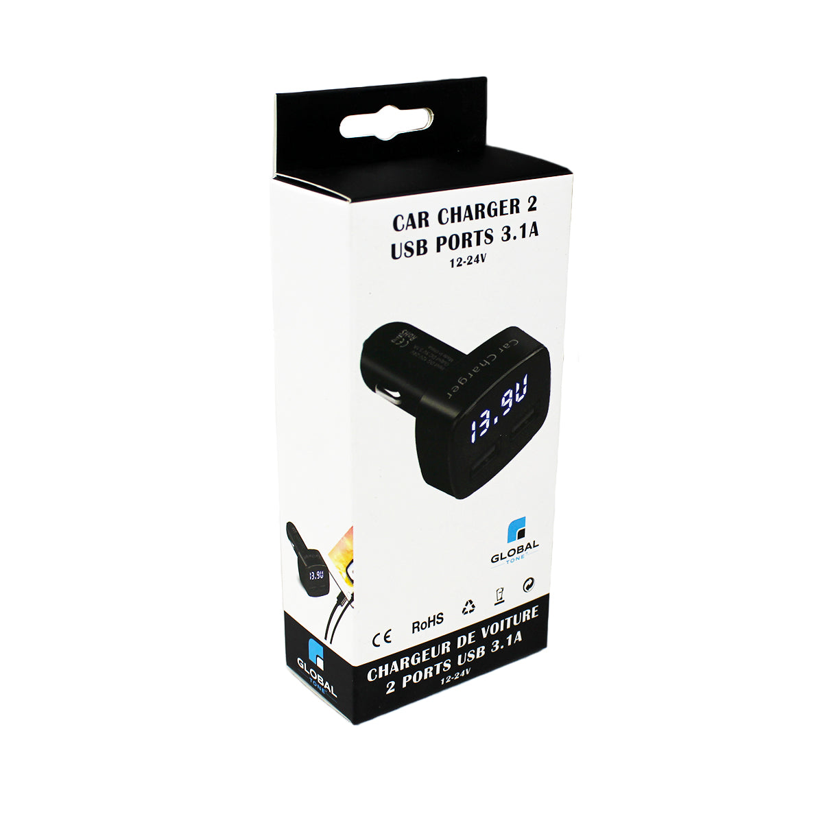 Globaltone Chargeur de voiture 2 ports USB, 3,1 A, avec voltmètre DEL, 12-24 V, noir