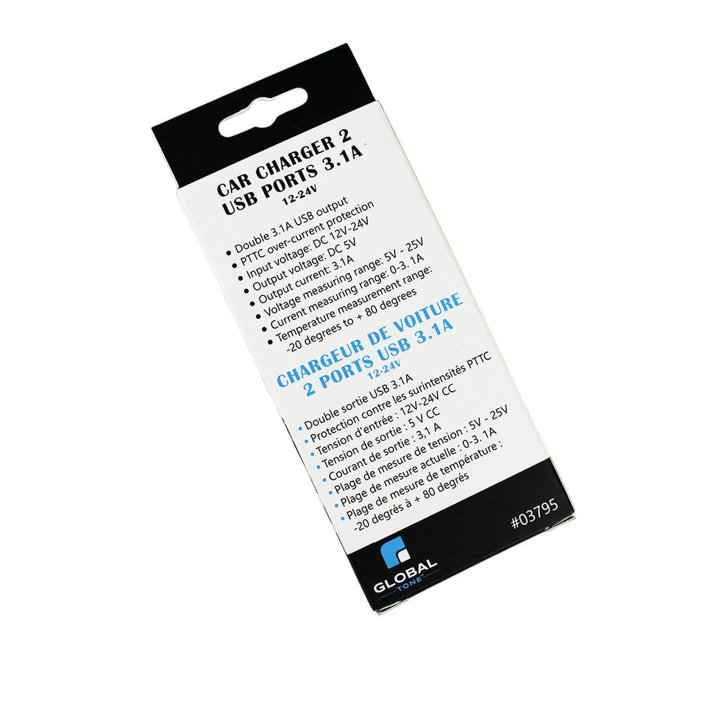 Globaltone Chargeur de voiture 2 ports USB, 3,1 A, avec voltmètre DEL, 12-24 V, noir
