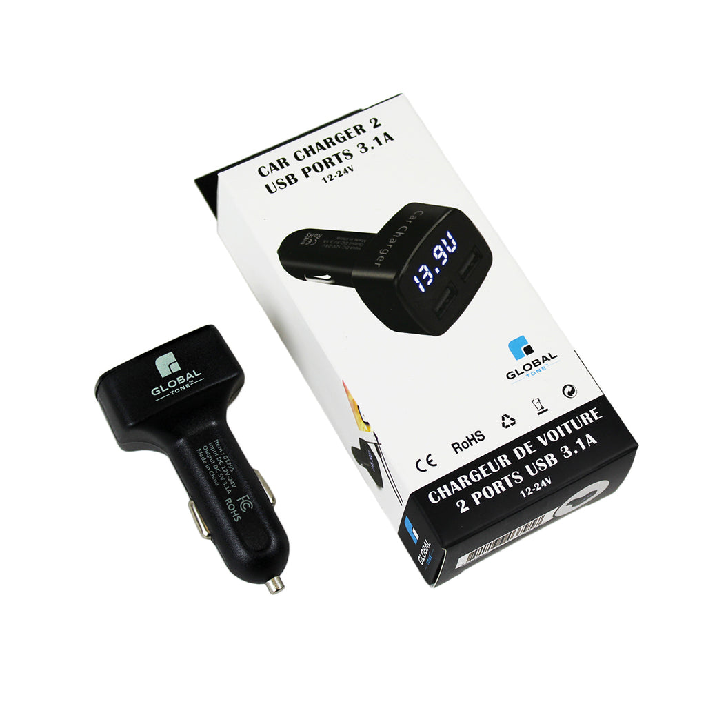 Globaltone Chargeur de voiture 2 ports USB, 3,1 A, avec voltmètre DEL, 12-24 V, noir