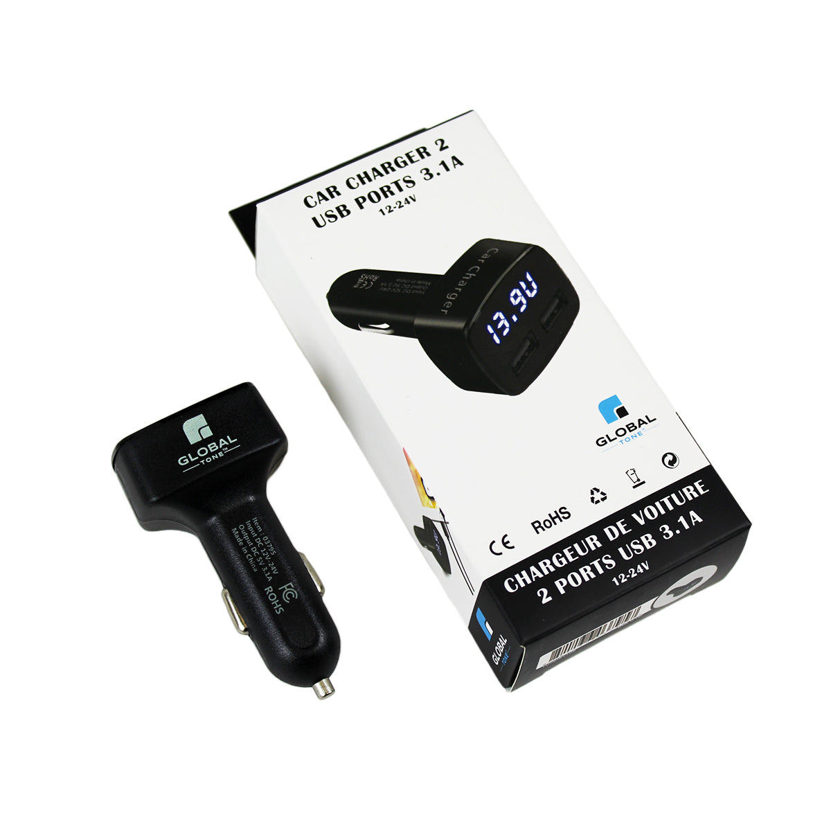 Globaltone Chargeur de voiture 2 ports USB, 3,1 A, avec voltmètre DEL, 12-24 V, noir
