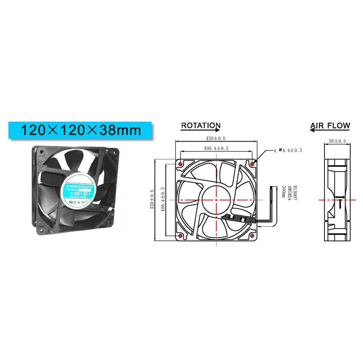 Ventilateur à Roulement Cylindrique, 12vdc, 120x120x38mm, 95CFM, 40DB 0.34A
