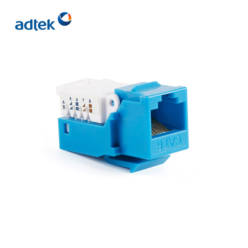 Prise keystone RJ45 CAT6 sans outil à 90 degrés, contacts 50 µ or, bleu