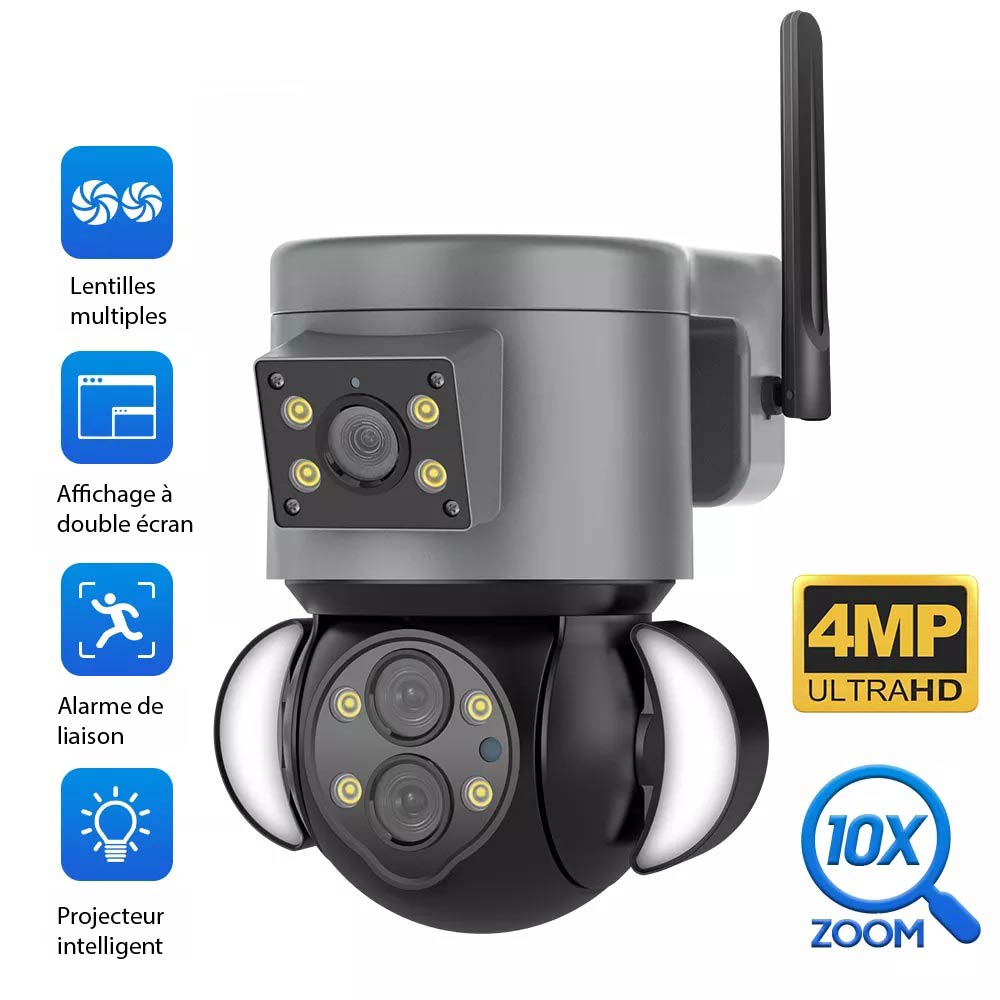 Caméra de sécurité IP panoramique 10X 4MP WIFI avec double objectif