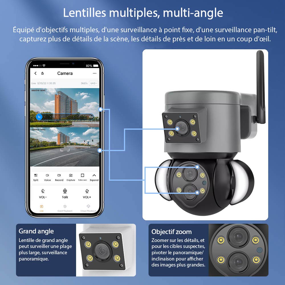 Caméra de sécurité IP panoramique 10X 4MP WIFI avec double objectif