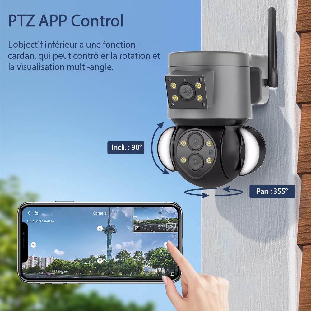 Caméra de sécurité IP panoramique 10X 4MP WIFI avec double objectif