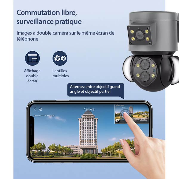 Caméra de sécurité IP panoramique 10X 4MP WIFI avec double objectif
