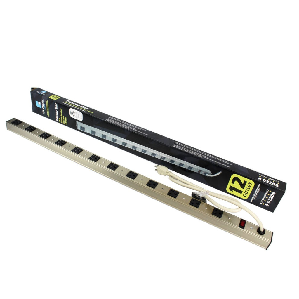 Barre d'alimentation 12 prises en aluminium avec support de fixation, 15 A, cordon 4 pi