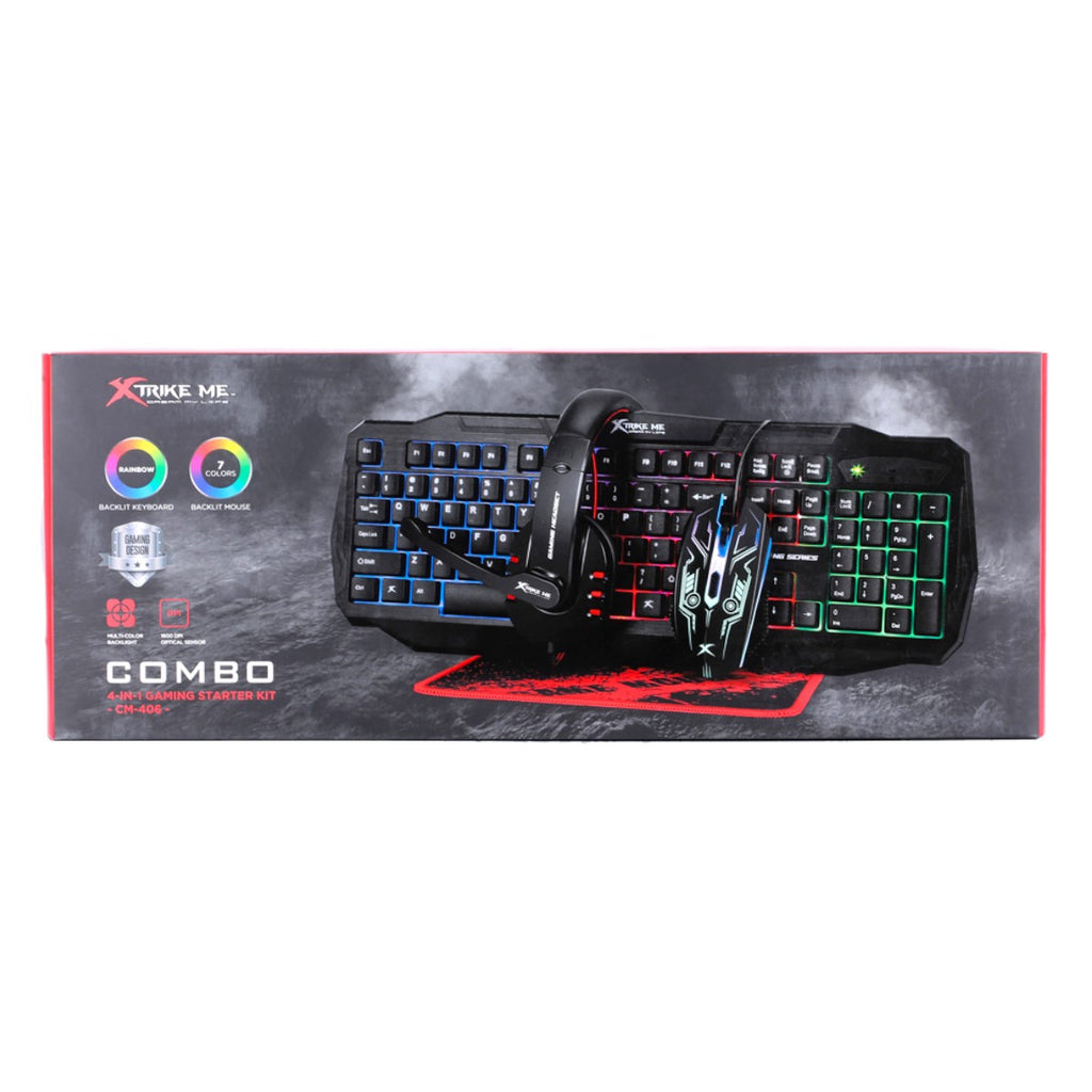 Xtrike Me Ensemble de jeu 4 en 1 CM-406 : clavier rétroéclairé, souris, casque et tapis
