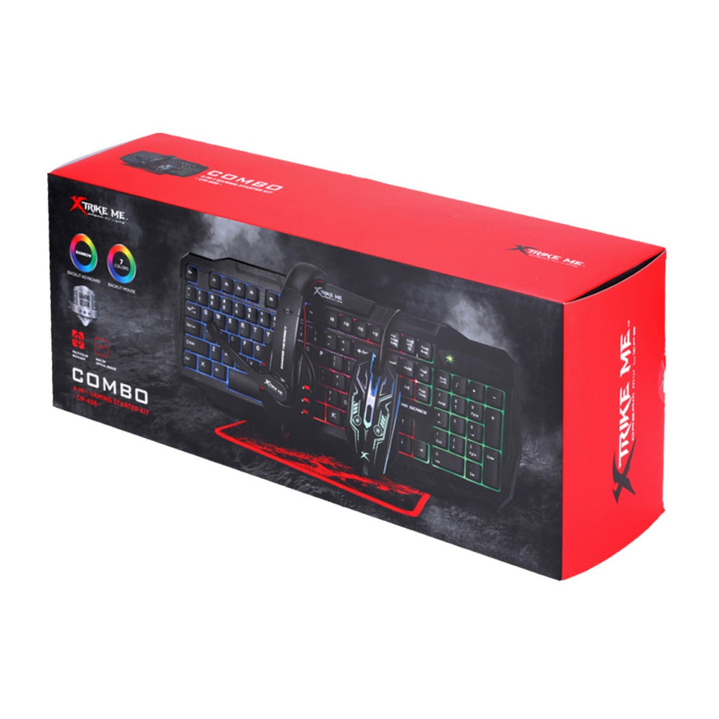 Xtrike Me Ensemble de jeu 4 en 1 CM-406 : clavier rétroéclairé, souris, casque et tapis