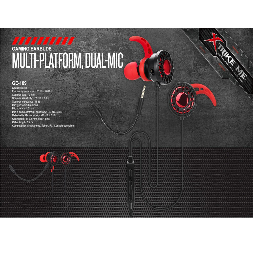 Xtrike Me Écouteurs de jeu intra-auriculaires stéréo avec microphone, câble 1,2 m (GE-109)