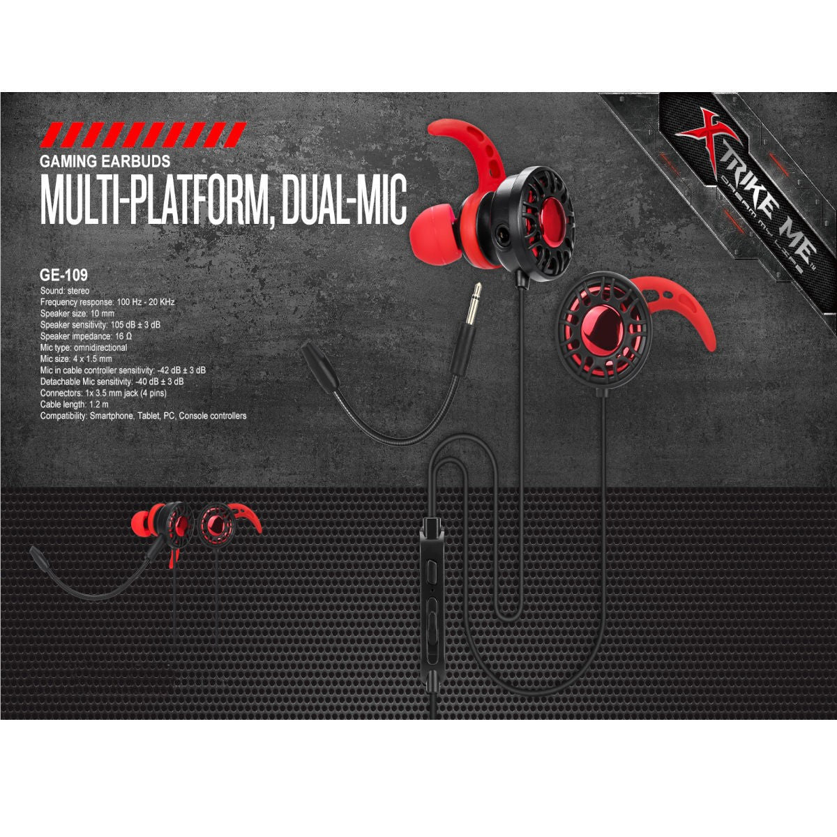 Xtrike Me Écouteurs de jeu intra-auriculaires stéréo avec microphone, câble 1,2 m (GE-109)