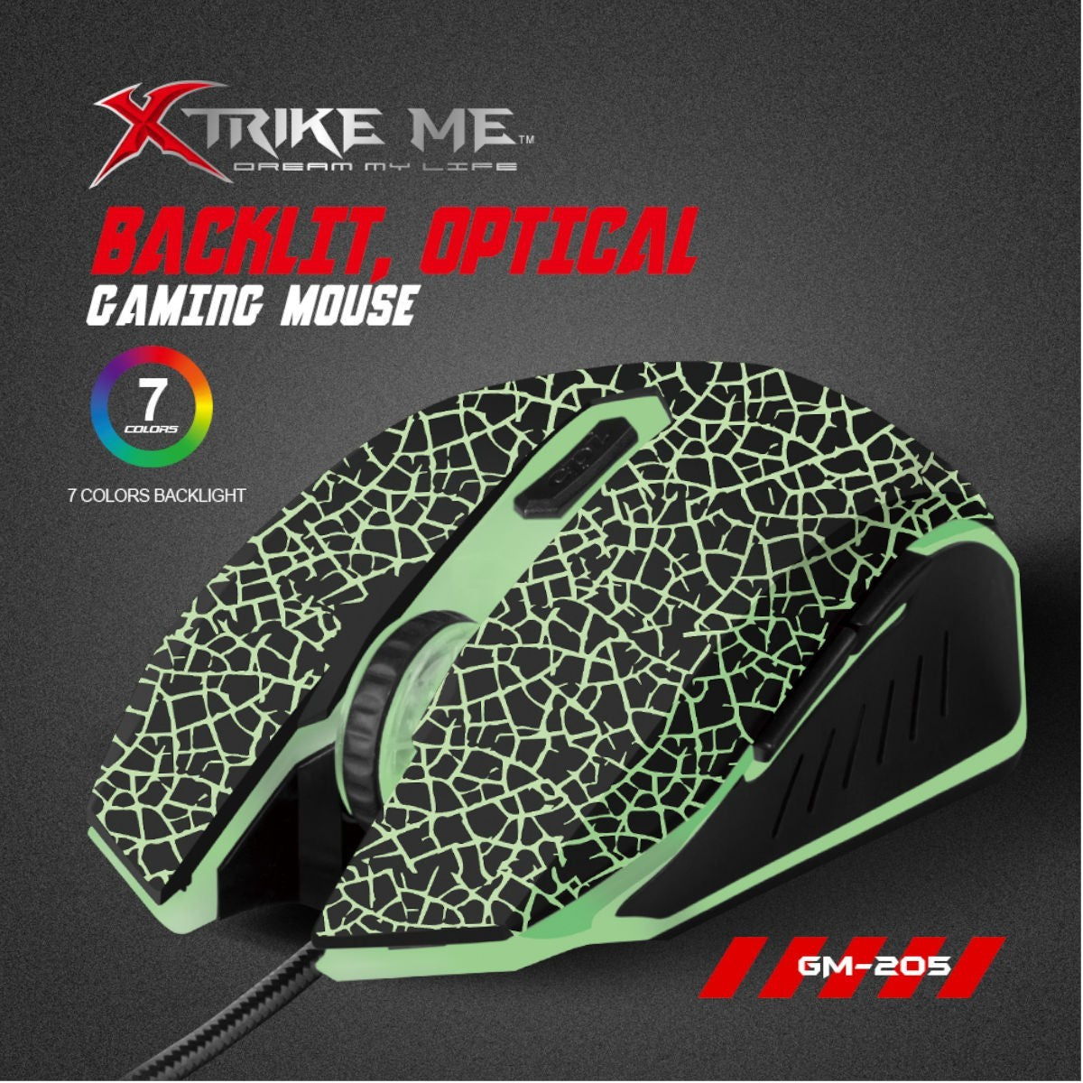 Xtrike Me Souris de jeu optique filaire GM-205, 6 boutons, rétroéclairage 7 couleurs, 3200 DPI