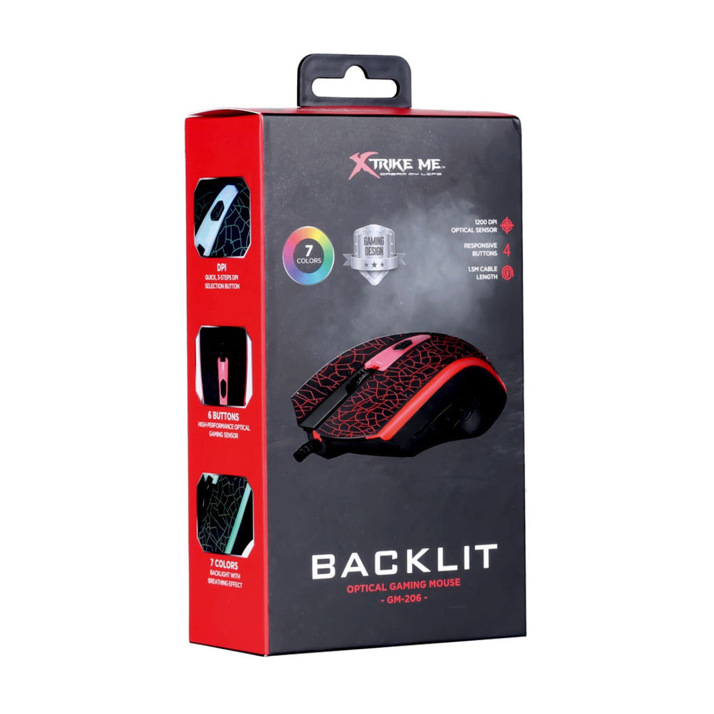 Xtrike Me Souris de jeu optique filaire GM-206, 4 boutons, rétroéclairage 7 couleurs, 1200 DPI