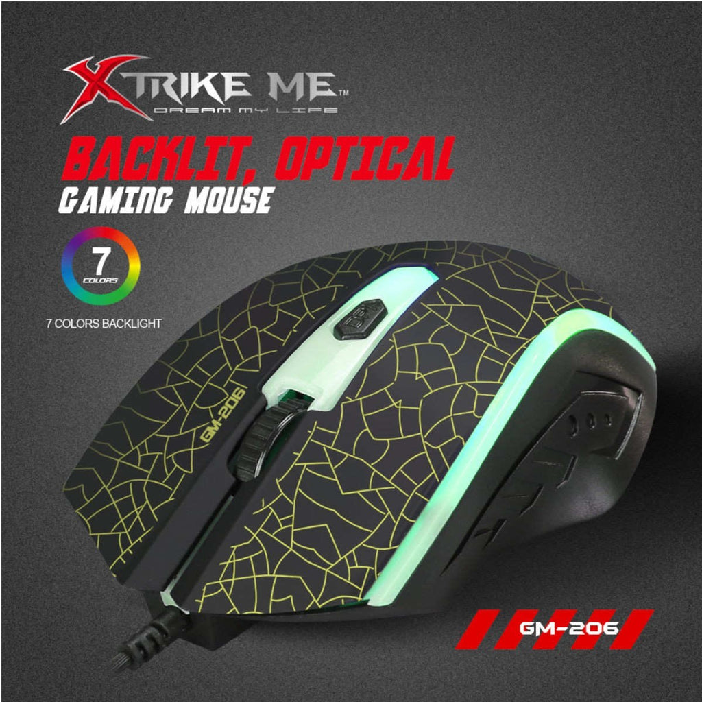 Xtrike Me Souris de jeu optique filaire GM-206, 4 boutons, rétroéclairage 7 couleurs, 1200 DPI