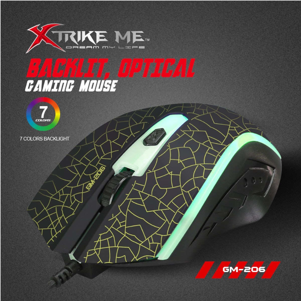 Xtrike Me Souris de jeu optique filaire GM-206, 4 boutons, rétroéclairage 7 couleurs, 1200 DPI