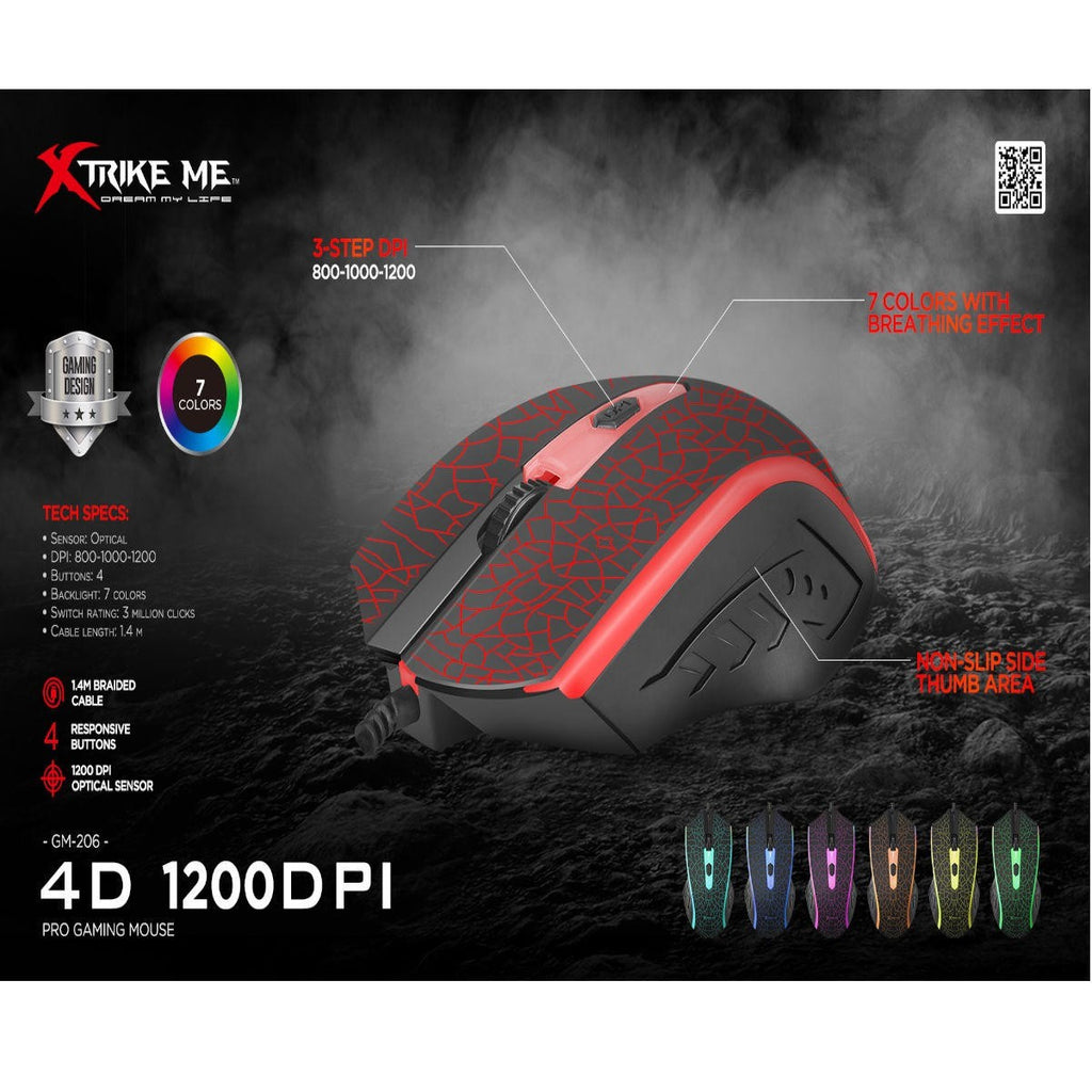 Xtrike Me Souris de jeu optique filaire GM-206, 4 boutons, rétroéclairage 7 couleurs, 1200 DPI