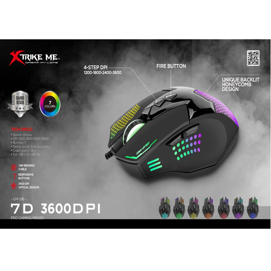 Xtrike Me Souris de jeu optique filaire GM-216, 7 boutons, rétroéclairage 7 couleurs, 3600 DPI