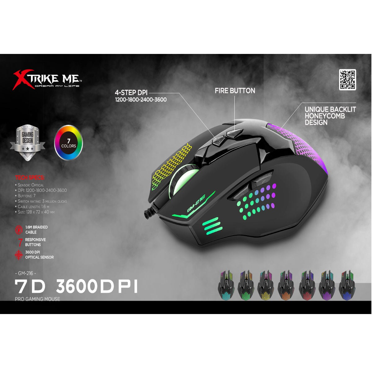 Xtrike Me Souris de jeu optique filaire GM-216, 7 boutons, rétroéclairage 7 couleurs, 3600 DPI
