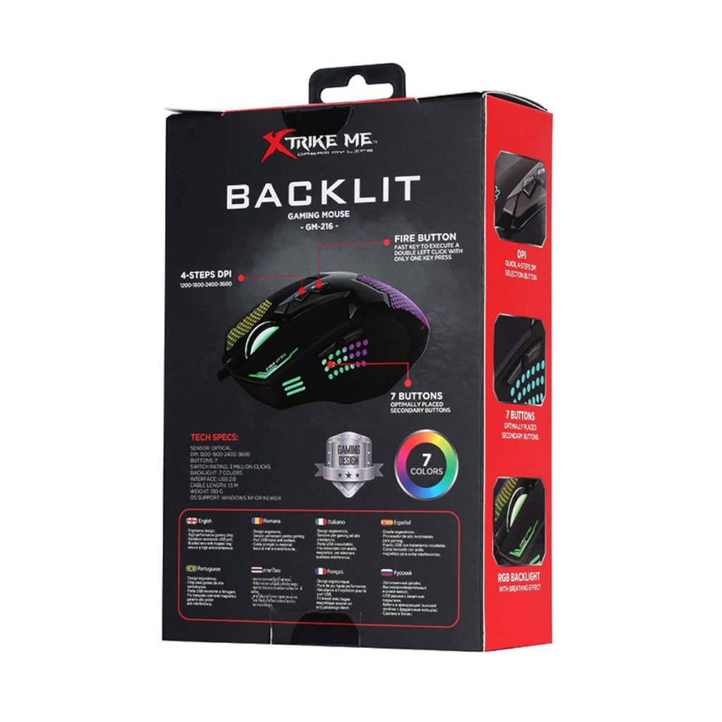 Xtrike Me Souris de jeu optique filaire GM-216, 7 boutons, rétroéclairage 7 couleurs, 3600 DPI