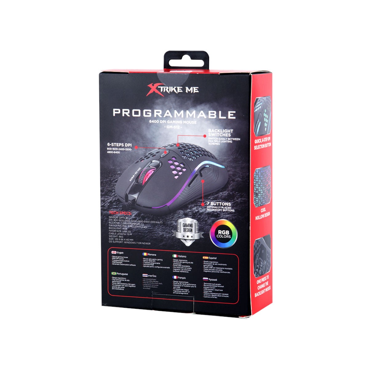 Xtrike Me Souris de jeu optique filaire GM-512, 7 boutons, rétroéclairage RGB, 6400 DPI