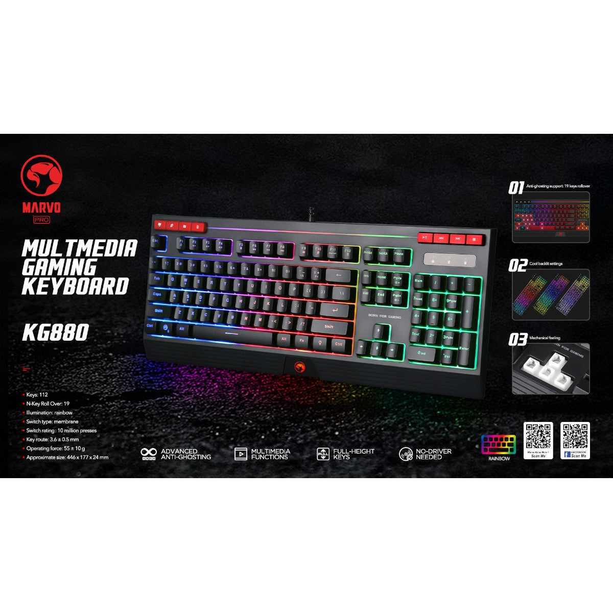 Marvo Pro Clavier de jeu illuminé, Membrane, 112 touches (KG880)