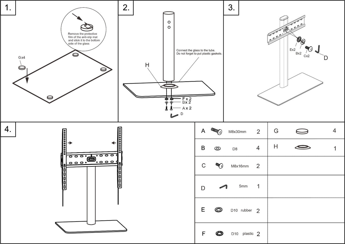 Support de table pour téléviseur 32 à 65 po, verre trempé 10 mm, 30 kg