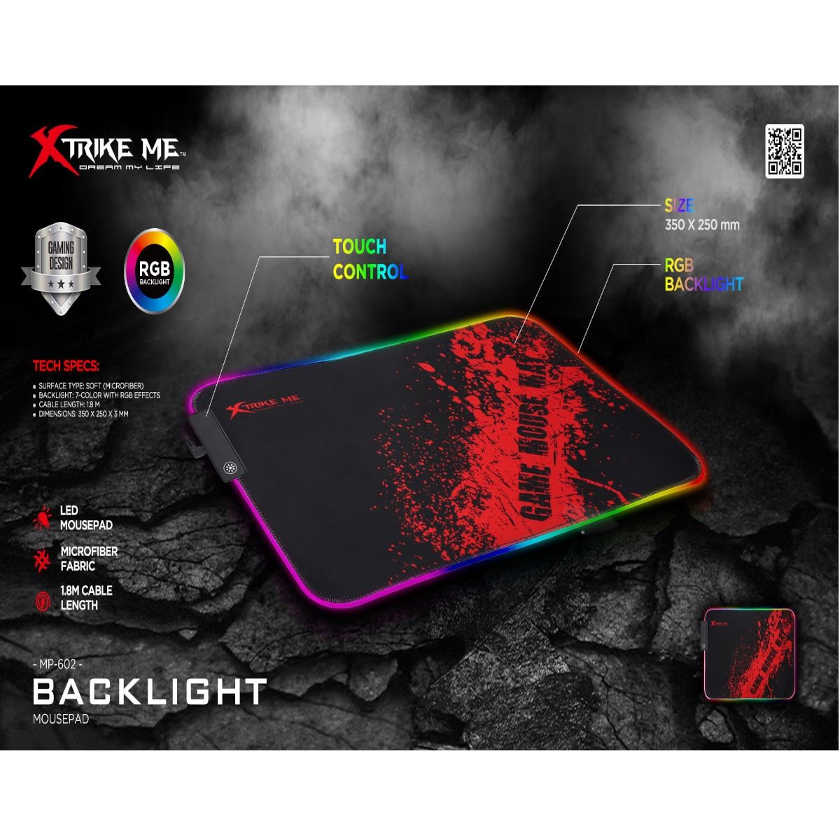Xtrike Me Tapis de souris RGB, surface sans friction, MP-602