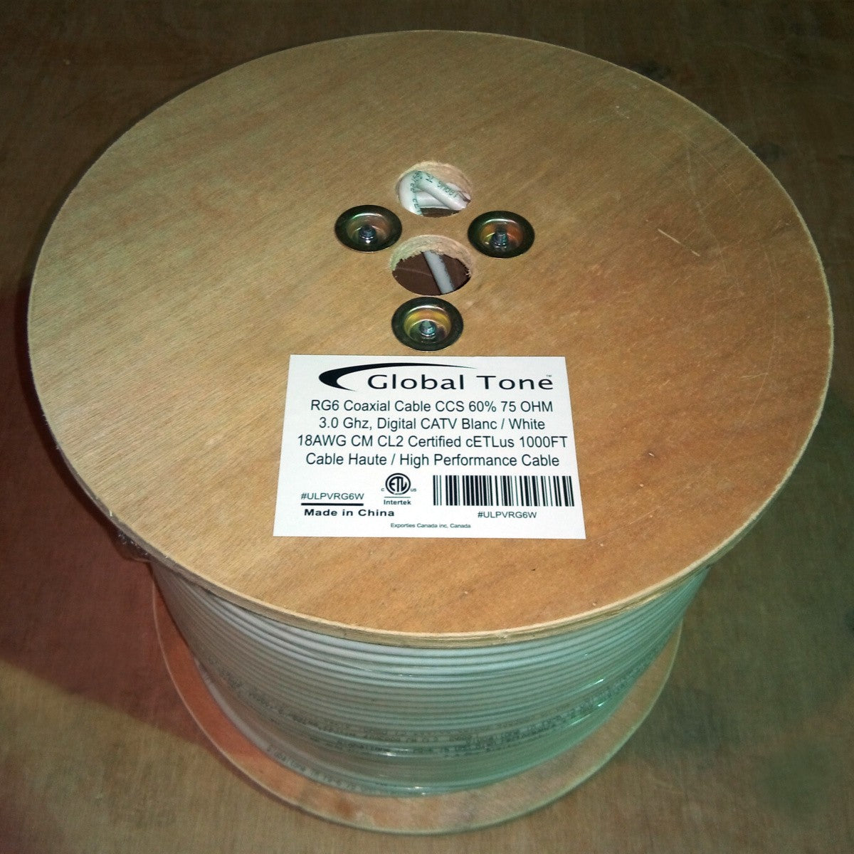 Câble coaxial RG6 en vrac, Certifiés cETLus, Blanc, 1000 pi. (ULPVRG6)